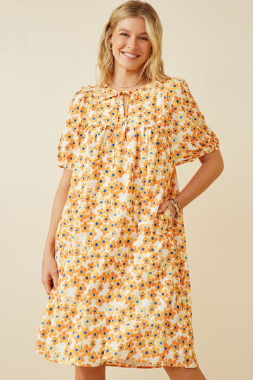 HY6685 YELLOW Women Floral Tie Detail Short Sleeve Dress Front